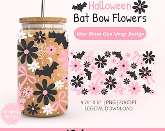 Halloween Floral Bats 16oz Glass Can Wrap PNG, Pink Coquette Bow Wildflowers Iced Coffee Cup Wrap, Spooky Season Png, Fall Tumbler Design