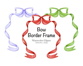 Watercolor Bow Border Frames Clipart: Red, Green, Purple (Digital Download)