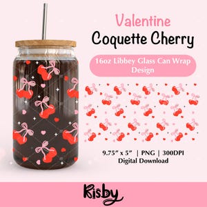 Lazos de cereza para San Valentín, lata de vidrio Libbey de 16 oz, PNG, vaso de cerveza de vidrio para San Valentín Coquette, diseño de envoltura de café para vacaciones, DTF UV