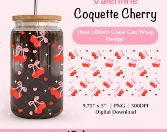 Valentine Coquette Cherry Bows 16 Oz Libbey Glass Can Wrap PNG, Coquette Valentine Beer Can Glass Cup Png, Holiday Coffee Wrap UV DTF Design