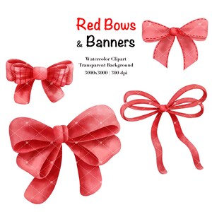May include: Four red watercolor bows, two with a plaid pattern, one with a simple bow shape, and one with a more elaborate bow shape.  Red Bows & Banners. Watercolor Clipart. Transparent Background. 3000x3000 | 300 dpi