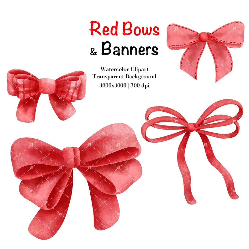May include: Four red watercolor bows, two with a plaid pattern, one with a simple bow shape, and one with a more elaborate bow shape.  Red Bows & Banners. Watercolor Clipart. Transparent Background. 3000x3000 | 300 dpi