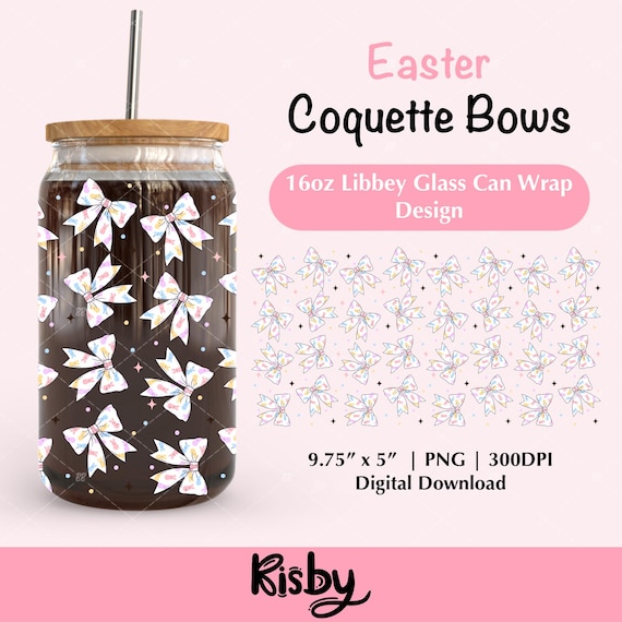 Coquette Easter Bows 16oz Libbey Glass Can Wrap PNG Design, Easter Candy Bow Beer Can Glass Cup Png Uv Dtf Design, Spring Bows Cup Wrap Png