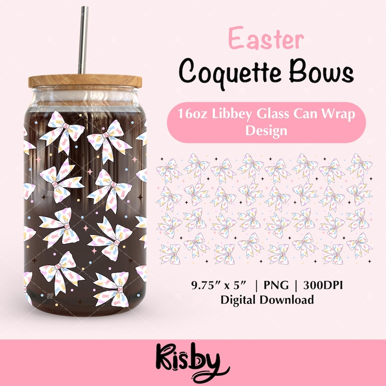 Coquette Easter Bows 16oz Libbey Glass Can Wrap PNG Design, perfect for spring themed bow beer can glass designs and Easter Day cups, coquette lovers, designers, UVDTF printing, and sublimation designs like T-shirts, sweatshirts, cup wraps, bags