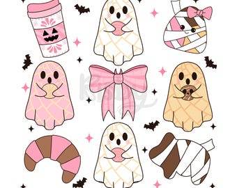 Conchas y cucuyes (Png), fantasma mexicano (Png), conchas espeluznantes (Png), lazo de coqueta de Halloween (Png), diseño de camiseta de Halloween española, regalo para niños