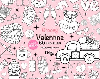 Groovy Valentine Digital Stamps Clipart Set: Retro Doodle Graphics