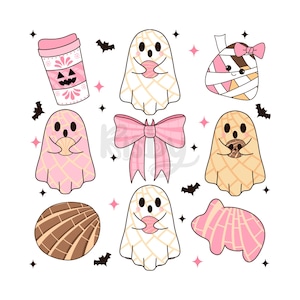 May include: A set of nine Halloween-themed stickers featuring ghosts, a candy corn, a concha, a coffee cup, and a bow. The ghosts are wearing pink and yellow and holding various treats. The candy corn is wearing a pink bow. The concha is pink and brown. The coffee cup is pink and white with a jack-o-lantern face. The bow is pink.