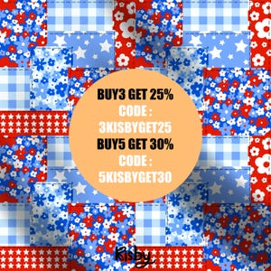 K&ouml;nnte beinhalten: Ein rotes, wei&szlig;es und blaues Patchworkmuster mit Sternen und Blumen. Der Text&uuml;berlagerung lautet: "BUY3 GET 25% CODE: 3KISBYGET25 BUY5 GET 30% CODE: 5KISBYGET30"