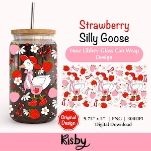 Strawberry Goose 16Oz Libbey Glass Can Wrap PNG Coquette Silly Goose Iced Coffee Cup Png Strawberry Bows Cup Wrap Png Spring Cup Wrap Png
