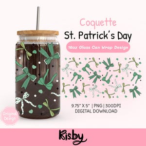 Coquette St. Patrick’s Day Cup Wrap Png, Sage Green Bow 16oz Glass Can Design