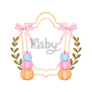 Può includere: Una cornice dorata con un fiocco rosa su ogni lato. La cornice è decorata con due pile di zucche, una in blu e rosa e l'altra in rosa e arancione. Il testo "Kisby" è scritto al centro della cornice.