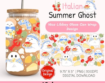 Italian Summer Ghost 16Oz Libbey Glass Can Wrap PNG Summerween Tumbler Wrap Design Halloween Iced Coffee Cup Png