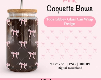 Pink Coquette Bows 16Oz Libbey Glass Can Wrap PNG Design, Girly Coquette Bow Beer Can Glass Wrap Uv Dtf Designs, Valentine Cup Wrap Png