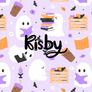 Bokliknande spöke sömlöst mönster Halloweenböcker och kaffe sömlöst mönster spökbiblioteksmönsterdesign mysigt bokligt digitalt papper PNG