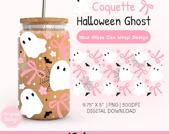 Halloween Ghost Coquette Bow 16oz Glass Can Wrap PNG, Spooky Tumbler Design