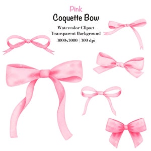 May include: Five pink watercolor bows of different sizes and shapes. The bows are isolated on a white background. Pink Coquette Bow Watercolor Clipart Transparent Background 3000x3000 | 300 dpi