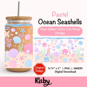 Pastel Ocean Seashell PNG Wrap for 16Oz Libbey Glass Can, Girly Coastal Tumbler Wrap, Aesthetic Beach Summer Cup Wrap Design