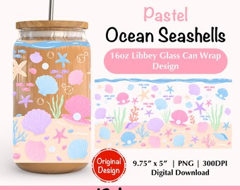 Pastel Seashell 16oz Glass Can Wrap: Coastal Beach Design (PNG)