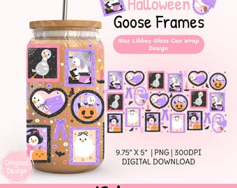 Halloween gans frames 16oz Libbey glas kan inpakken PNG-ontwerp Spooky herfst portretten ijskoffiekop Spooky Ghost Goose Gallery Tumbler Wrap