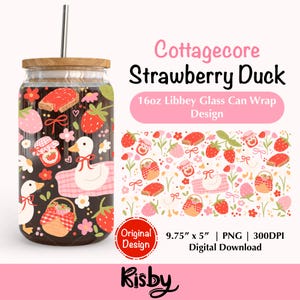 Cottagecore Strawberry Goose 16Oz Libbey Glass Can Wrap PNG, Spring Picnic Can Wrap Png, Strawberry Duck Iced Coffee Can Glass Wrap Png
