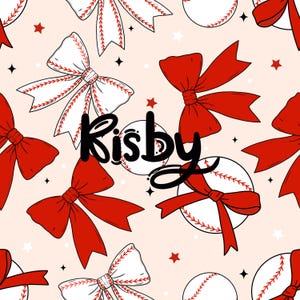 May include: A seamless pattern featuring red bows, white baseballs with red stitching, and the word "Risby" in black lettering on a light pink background.