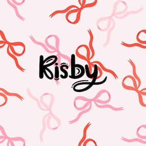 May include: A pink and red bow pattern with the word "kisby" written in black cursive.