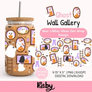 May include: A 16oz Libbey glass can wrap design with a Halloween theme. The design features a brown background with framed ghosts, pumpkins, and ladders. The text "Ghost Wall Gallery" is displayed above the design, and the dimensions are 9.75" x 5".
