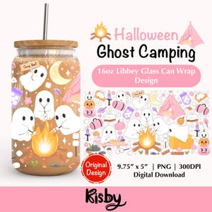 Halloween Ghost Camping 16oz Libbey Glass Can Wrap Png Design, Spooky Campfire Iced Coffee Glass Can Wrap, Cozy Fall Tumbler Wrap Png