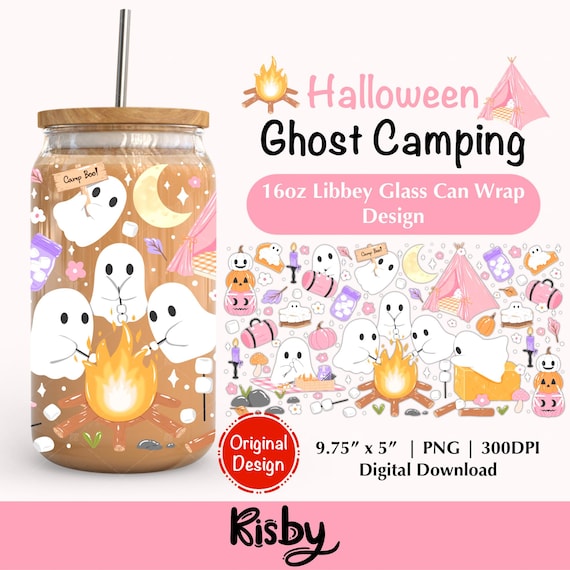 Halloween Ghost Camping 16oz Libbey Glass Can Wrap Png Design, Spooky Campfire Iced Coffee Glass Can Wrap, Cozy Fall Tumbler Wrap Png