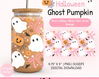 Halloween Ghost Pumpkin Coquette Bow 16Oz Libbey Glass Can Wrap PNG Design Coquette Halloween Iced Coffee Glass Cup Png Spooky Tumbler Wrap