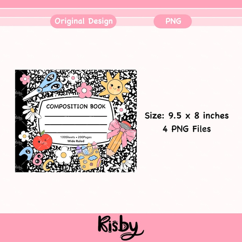Customizable composition notebook mouse pad PNG with editable name label and classroom icons