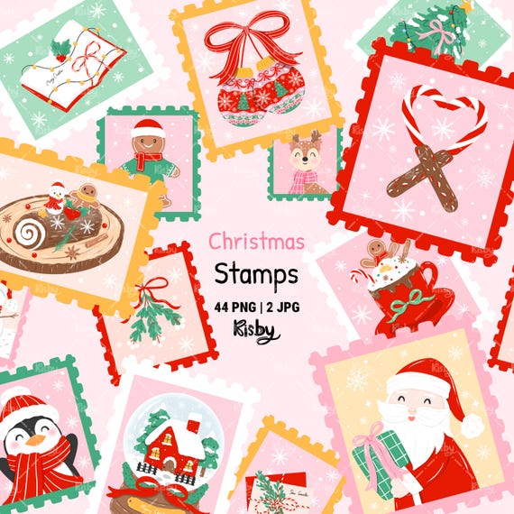 Preppy Christmas Postage Stamp Png, Cottagecore Winter Clipart Set, Girly Christmas Design, Trendy Festive Png, DIY Custom Stamps