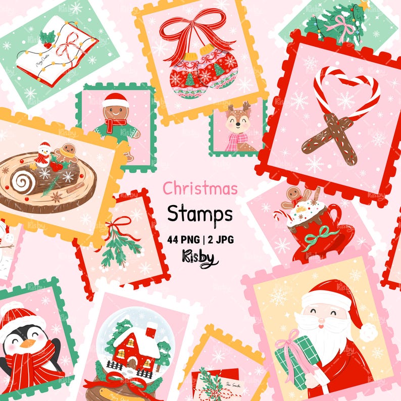 Preppy Christmas Postage Stamp PNG. Adorable winter clipart set with Santa, gingerbread, snow globe, reindeer, hot cocoa mug, and snowman.