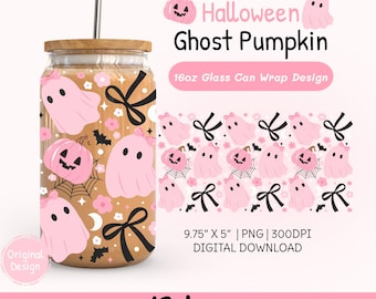 Pink Halloween Ghost Pumpkin Bows Glass Can Wrap 16oz PNG, Coquette Halloween Iced Coffee Cup Wrap, Spooky Season Png, Fall Tumbler Design