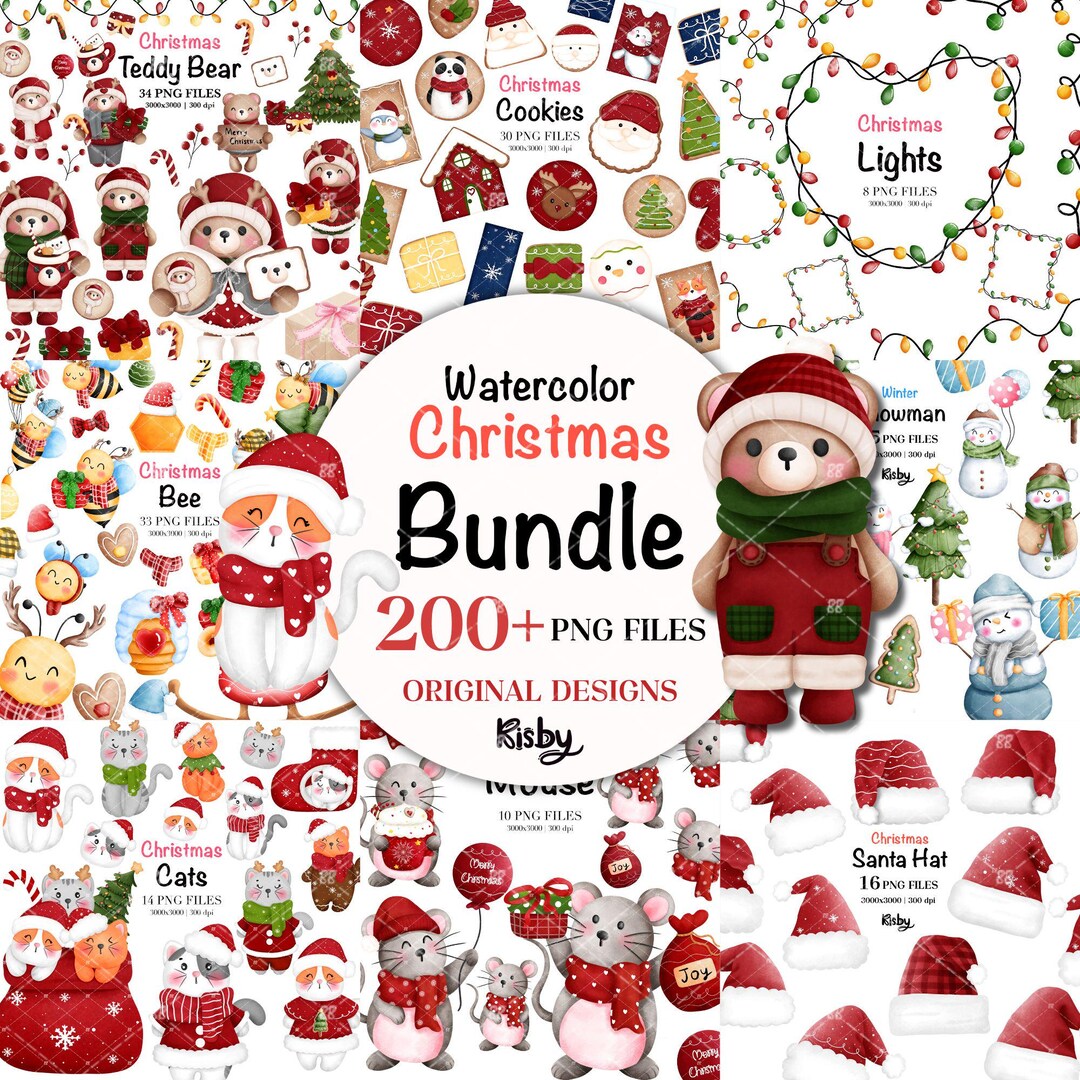 Watercolor Christmas Clipart Bundle Cute Characters Winter Png Graphic ...