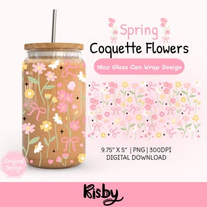 Whimsical Coquette Spring Flowers 16oz Glass Can Wrap Png, Pastel Floral Bow Iced Coffee Cup Design