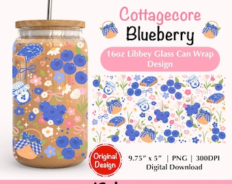 Cottagecore Blueberry 16Oz Libbey Glass Can Wrap PNG, Spring Picnic Can Wrap Png, Coquette Summer Fruit Iced Coffee Can Glass Wrap Png