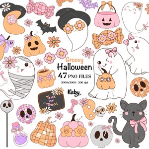 Groovy Halloween Clipart Girly Preppy Halloween Ghost Png Retro Fall Pumpkin bow Png Spooky Season Png Halloween Gift Digital Download  Ideal for shirts, sweatshirts, mugs, bags, Nursery wall art, baby shower invitation and more