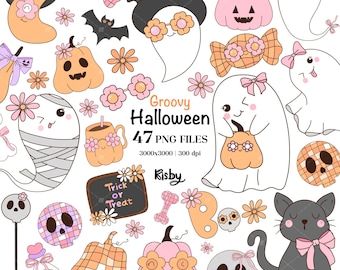 Groovy Halloween Clipart Girly Preppy Halloween Ghost Png Retro Fall Pumpkin Bow Png Spooky Season Png Halloween Gift Digital Download
