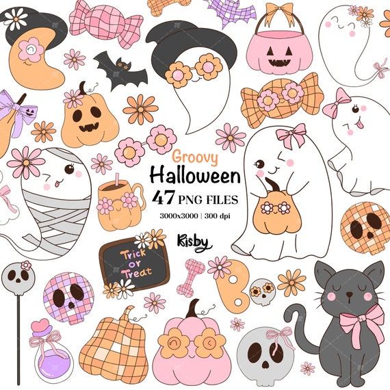 Groovy Halloween Clipart Girly Preppy Halloween Ghost Png Retro Fall Pumpkin Bow Png Spooky Season Png Halloween Gift Digital Download