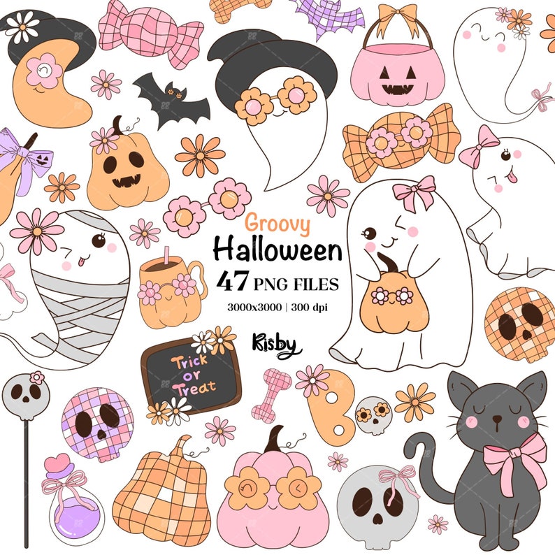 Groovy Halloween Clipart Girly Preppy Halloween Ghost Png Retro Fall Pumpkin bow Png Spooky Season Png Halloween Gift Digital Download  Ideal for shirts, sweatshirts, mugs, bags, Nursery wall art, baby shower invitation and more