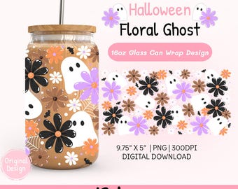 Halloween Floral Ghost 16oz Glass Can Wrap PNG, Wildflowers Cup Wrap, Spooky Season Tumbler Design