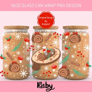 Christmas dessert cup wrap PNG with traditional log cake, pine cones, red berries, and snowflakes for uv dtf glass cans.