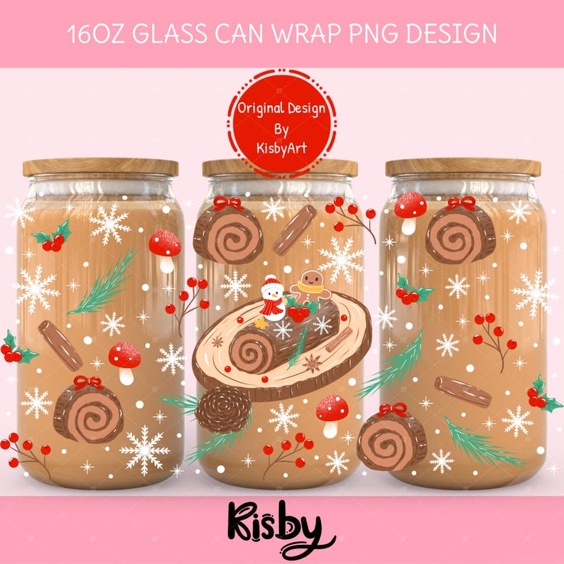 Christmas dessert cup wrap PNG with traditional log cake, pine cones, red berries, and snowflakes for uv dtf glass cans.