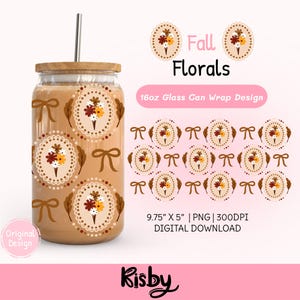 May include: A 16oz glass can with a bamboo lid and metal straw, featuring a repeating pattern of floral bouquets in oval scalloped frames, brown bows, and leaves. The text reads Fall Florals, 16oz Glass Can Wrap Design, 9.75" X 5" | PNG | 300DPI.