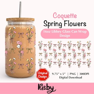 Frühlings-Kokette Blumenbögen 16 Unze Libbey Glasdosenverpackung Png, Zierliche Wildblumen Eiskaffeeglasschalen-Verpackungsentwurf, Pastellblumenschalen-Verpackung Png