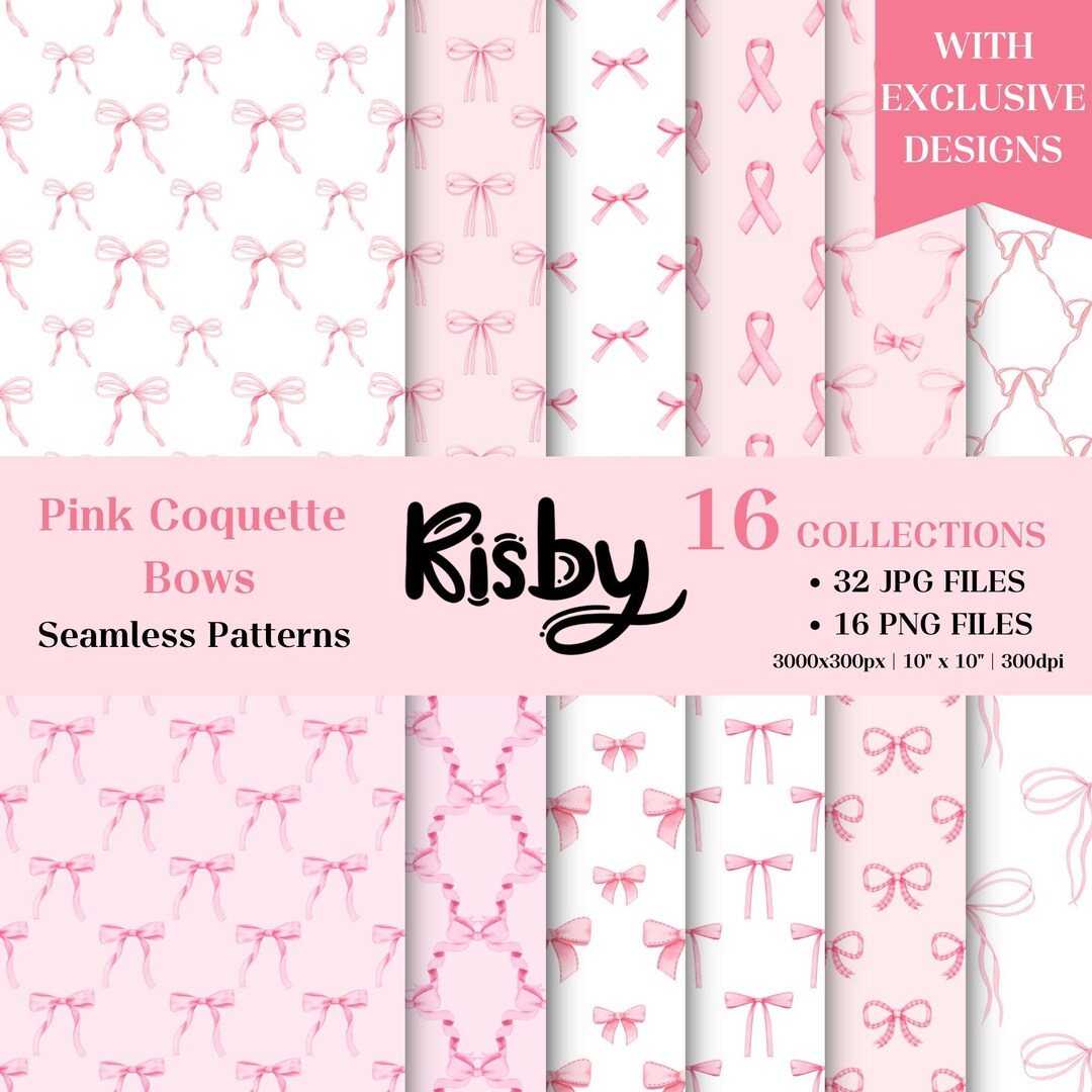 Pink Coquette Bows Seamless Pattern Bundle: Chinoiserie Digital Papers ...