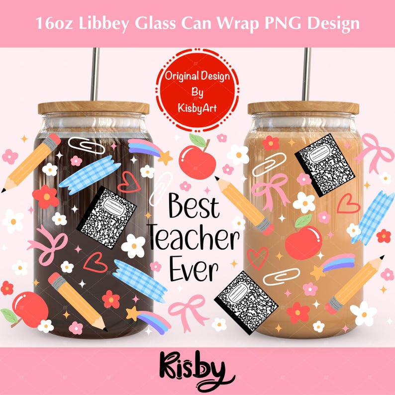 16oz Libbey iced coffee glass wrap design in teacher themed elements with soft tones of pencils, red apples, and pink coquette bows