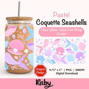 Pastel Coquette Seashells PNG Wrap for 16Oz Libbey Glass Can, Cute Coastal Bow Sea Glass Tumbler Design, Girly Beach Summer Sublimation Wrap