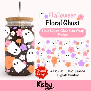 Floral Ghost PNG for 16Oz Libbey Glass Can Wrap Halloween Cup Wrap Png Pastel Dainty Flowers Tumbler Wrap Girly Spooky Season Glass Can Png